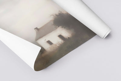 "Neutral cottage landscape art titled The Gentle Dwelling printed on linen paper 