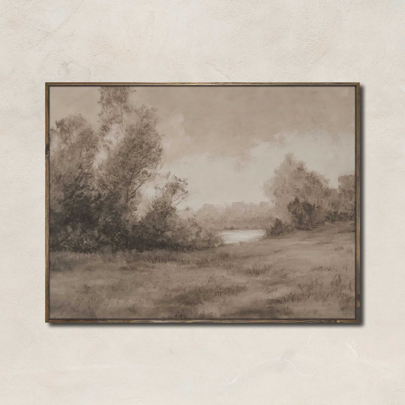 The Water’s Bend artwork featuring a soft sepia-toned riverside landscape with trees, meadow, and gentle light — ideal for rustic or vintage-style decor.