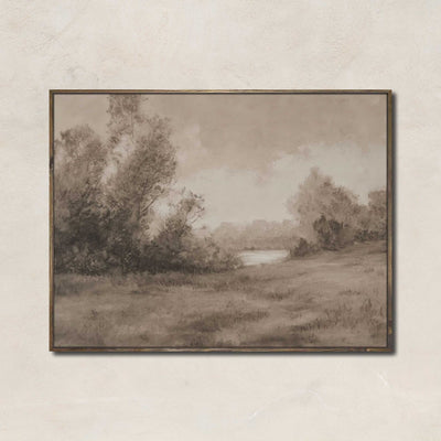 The Water’s Bend artwork featuring a soft sepia-toned riverside landscape with trees, meadow, and gentle light — ideal for rustic or vintage-style decor.
