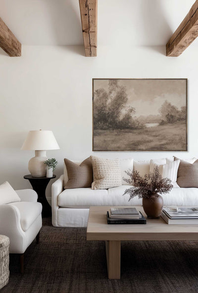 Sepia-Toned Landscape Canvas Framed Art - "The Waters Bend"