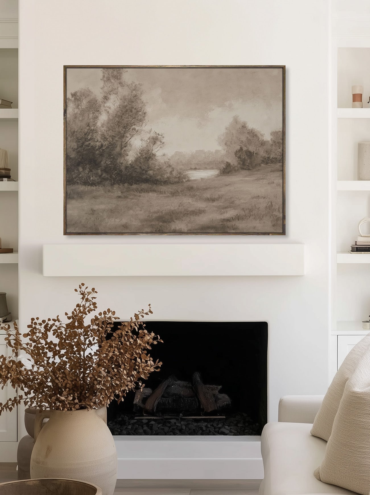 Sepia-Toned Landscape Canvas Framed Art - "The Waters Bend"