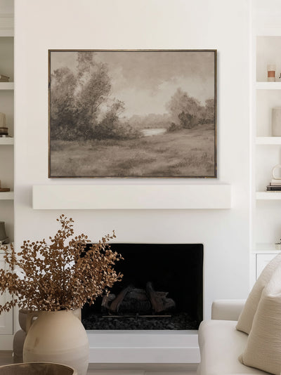 Sepia-Toned Landscape Canvas Framed Art - "The Waters Bend"