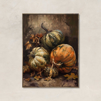 Timeless Gatherings art print featuring a still life of heirloom pumpkins in warm autumn tones with scattered fall leaves, perfect for rustic or Thanksgiving decor.