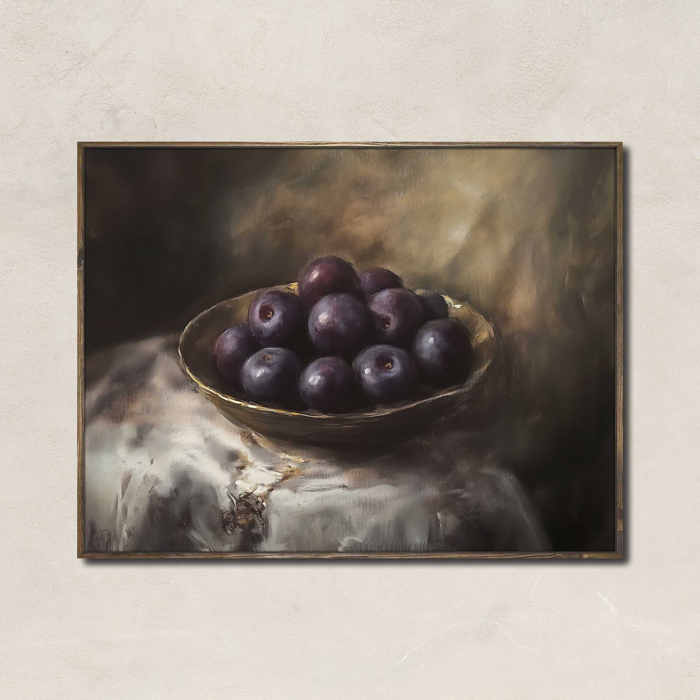 Velvet Plums art print featuring a golden bowl of deep purple plums with painterly textures and warm lighting, perfect for vintage or farmhouse kitchens.