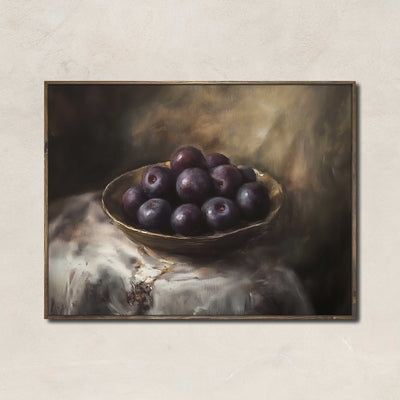 Velvet Plums art print featuring a golden bowl of deep purple plums with painterly textures and warm lighting, perfect for vintage or farmhouse kitchens.