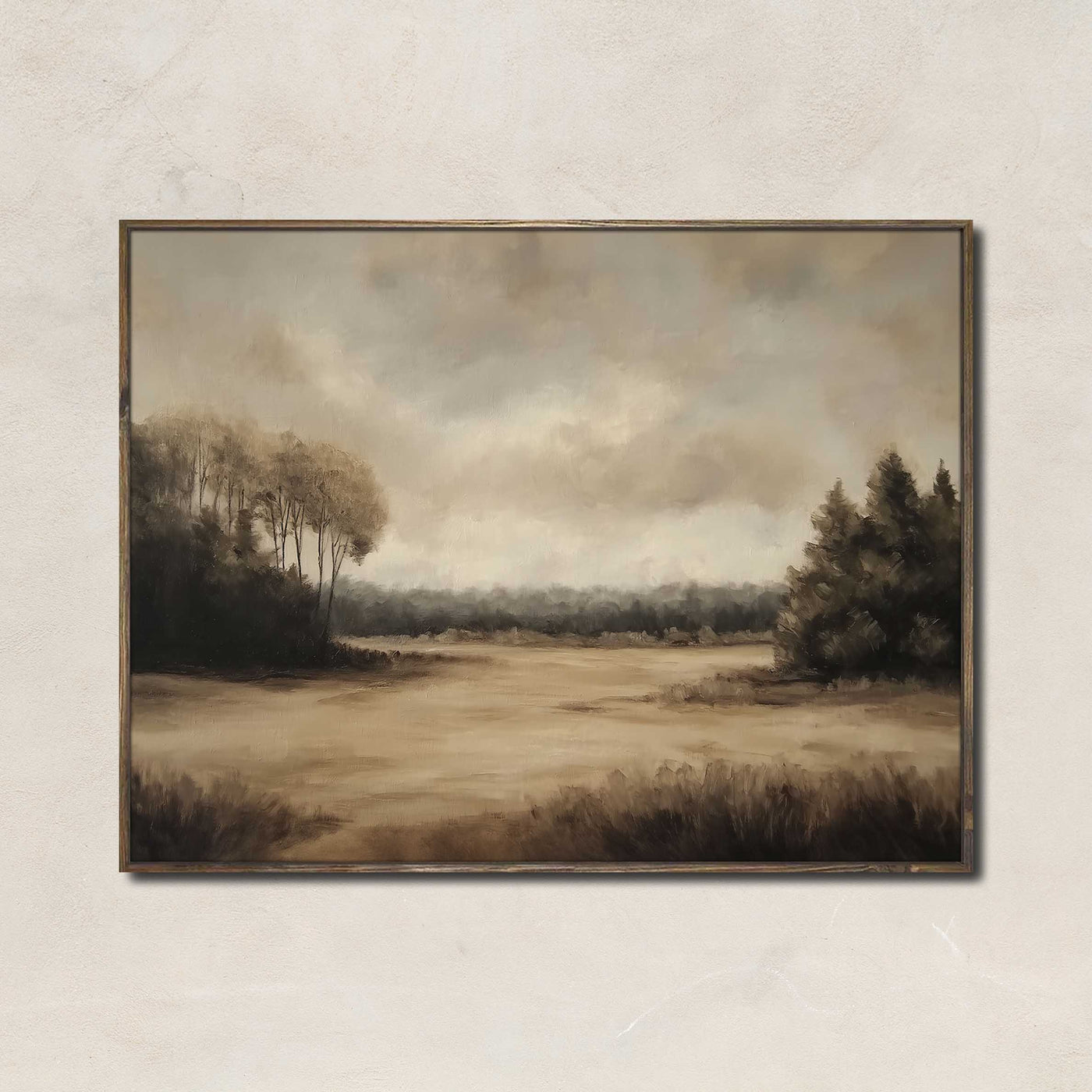 Whispers in the Meadow art print featuring a soft golden field, treeline, and muted fall sky in calming neutral tones, perfect for rustic or transitional decor.