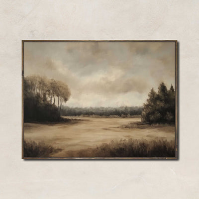 Whispers in the Meadow art print featuring a soft golden field, treeline, and muted fall sky in calming neutral tones, perfect for rustic or transitional decor.