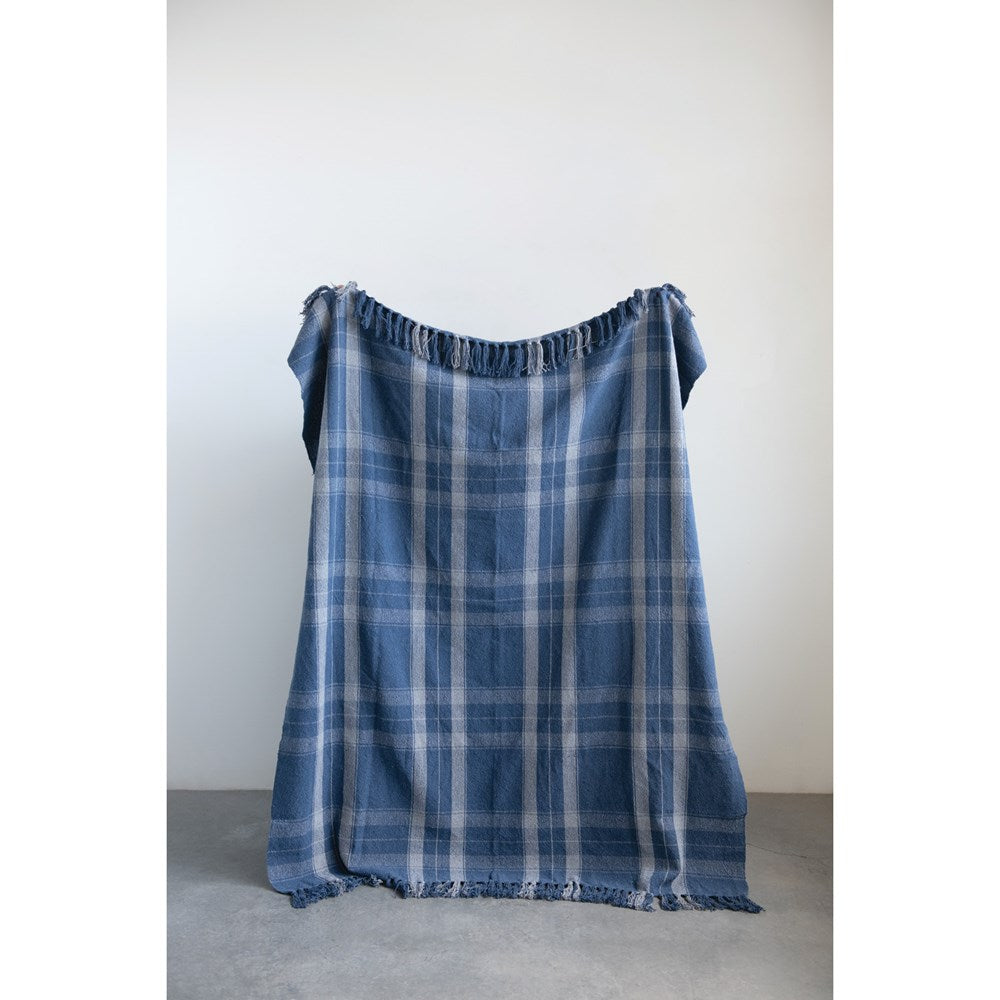 Navy Plaid Throw w/Fringe